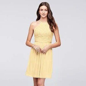 David’s Bridal Canary Yellow Short Lace Halter Dress Women's Size 14
